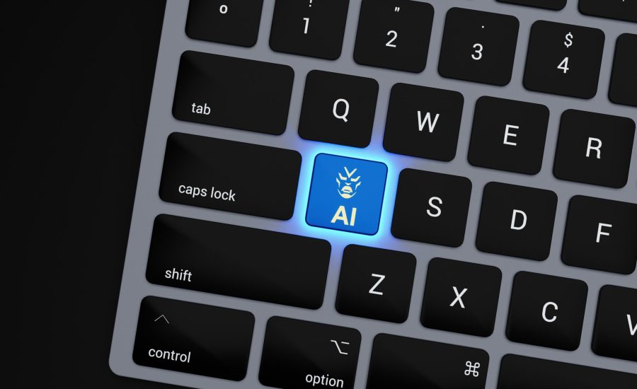 a-close-up-of-a-keyboard-with-a-blue-button